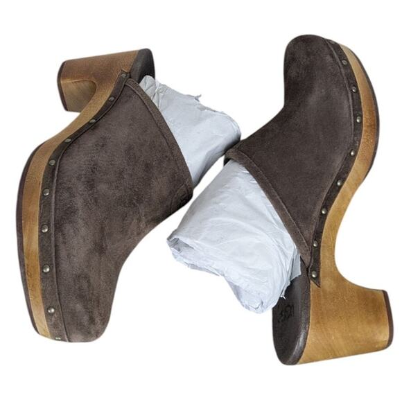 UGG Australia Abbie Clogs Mules Dark Brown Suede Wooden Platform 9 - Picture 5 of 11